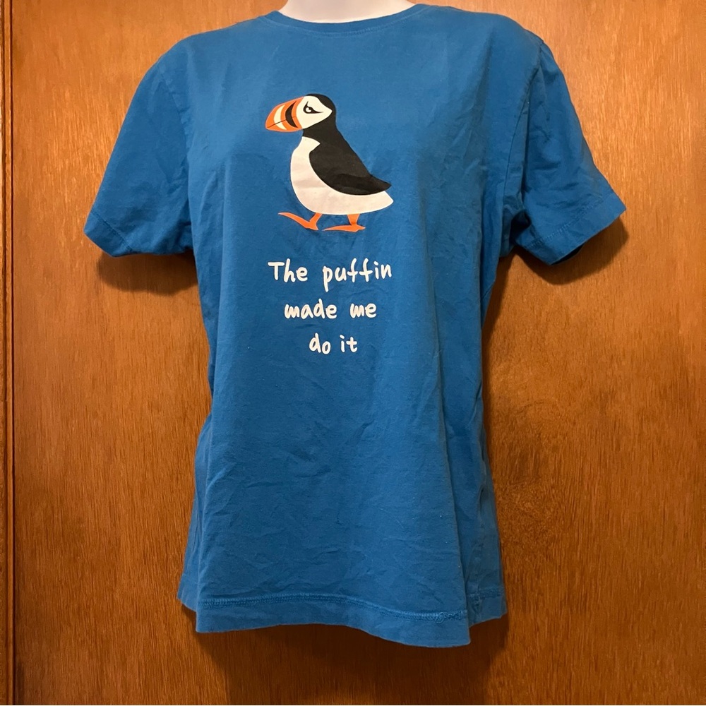 Cute “Puffin Made Me Do It” Royal Bkue  Cotton T-shirt Sz S